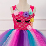 Girl Red Crocheted Flowers Tutu Dress With Unicorn Hair-band