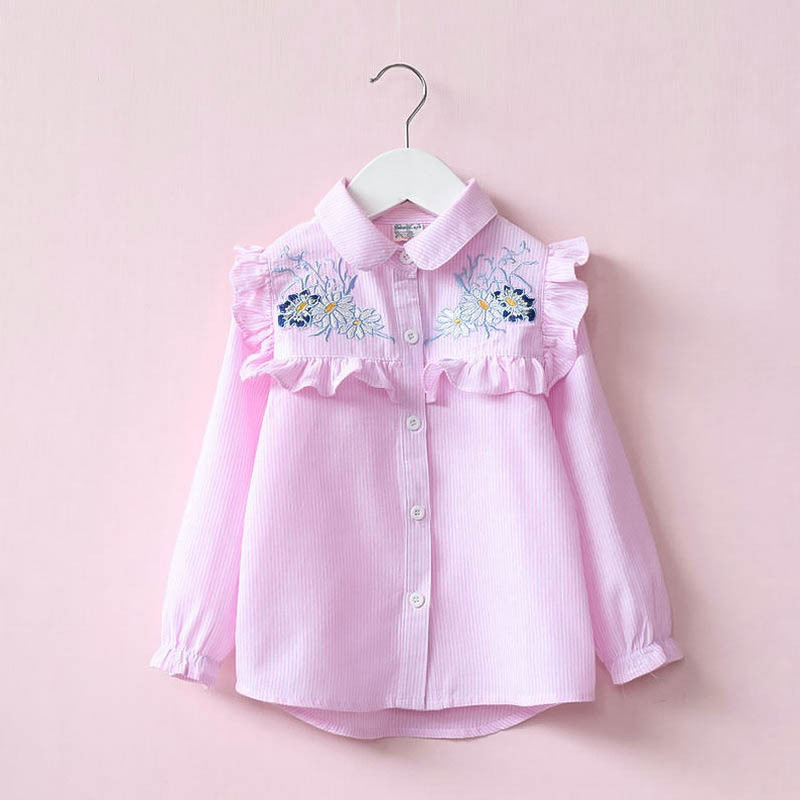 Girl Ruffles Embroidery Flowers Stripes Shirts