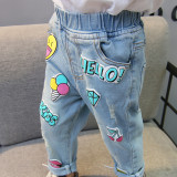 Girls Prints Slogan Ripped Denim Jeans With Rubber Waist