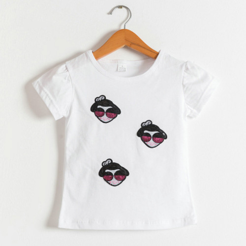 Girls Print Girl Face Sequins White T-Shirts