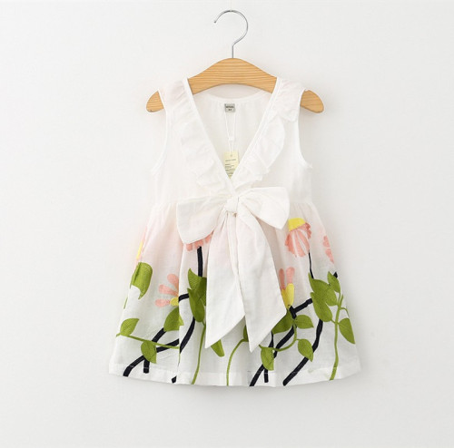 Girls Print Embroidery Flowers Bowknot Sleeveless Dress