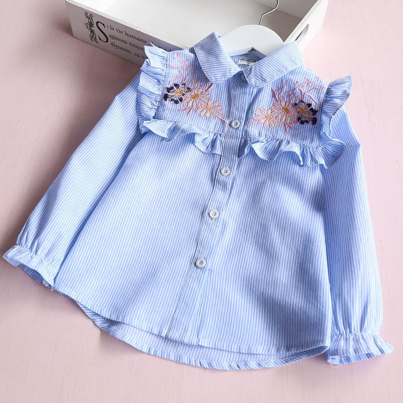 Girl Ruffles Embroidery Flowers Stripes Shirts