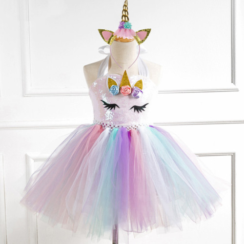 Girl Sequins Print Flowers Crown Tutu Dress With Unicorn Hair-band