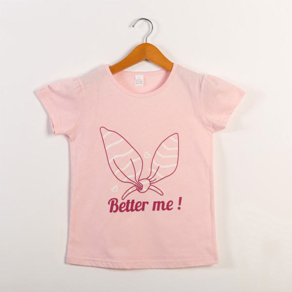 Girls Print Slogan Bowknot Pink T-Shirts