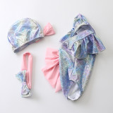 Kid Girl's Twinkle Fish Scales Bowknot Beach Swimwear With Cap