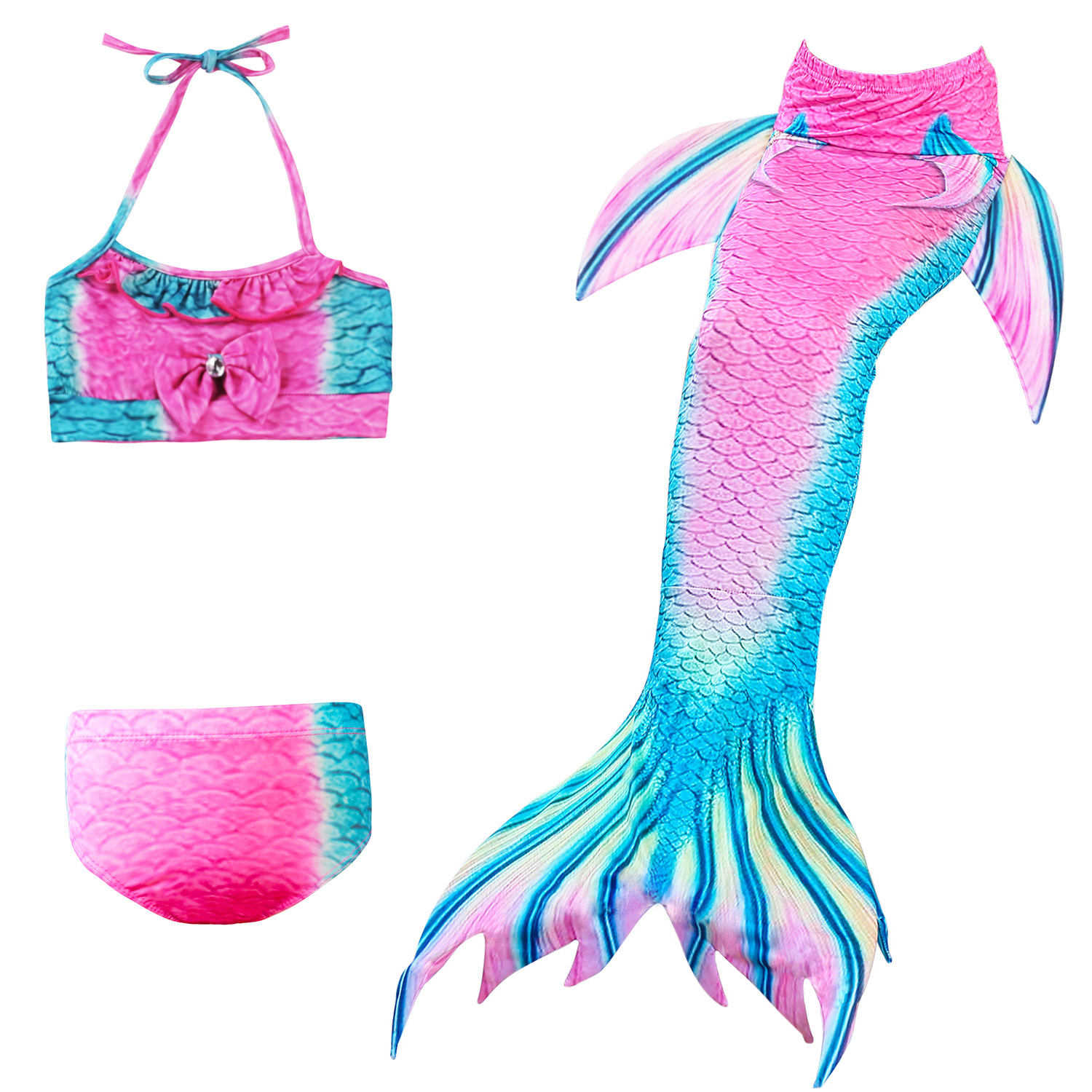 3PCS Kid Girls Omber Pink Bowknot Mermaid Tail Bikini Swimsuit With Free Garland Color Random