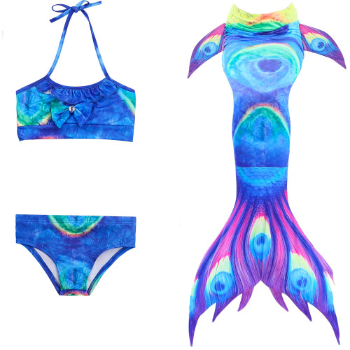 3PCS Kid Girls Peacock Green Mermaid Tail Bikini Swimsuit With Free Garland Color Random