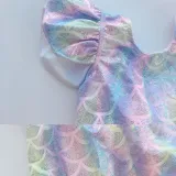 Kid Girl's Twinkle Fish Scales Bowknot Beach Swimwear With Cap