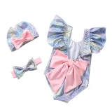Kid Girl's Twinkle Fish Scales Bowknot Beach Swimwear With Cap