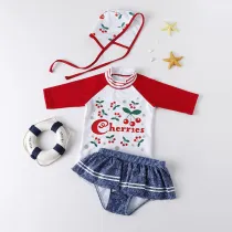 Kid Girl's Print Cherries Long Sleeves Beach Swimwear