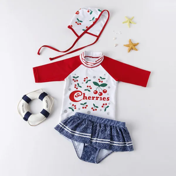 Kid Girl's Print Cherries Long Sleeves Beach Swimwear