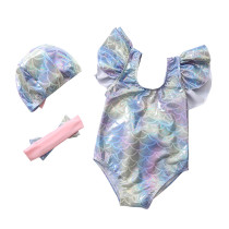 Kid Girl's Twinkle Fish Scales Bowknot Beach Swimwear With Cap