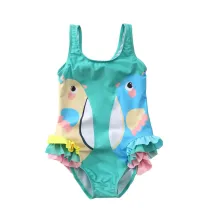 Kid Girl's Print Two Birds Ruffles Pink Green Swimsuit