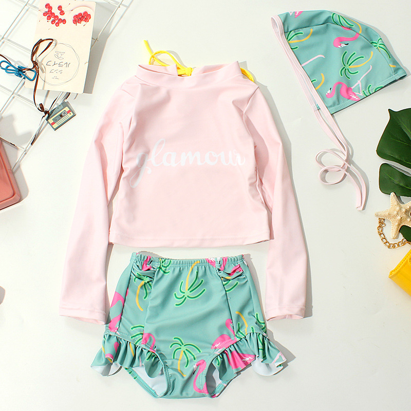 Kid Girls' Slogans Pink  Long Sleeve Top and Green Print Flamingos Shorts Swimwear Sets