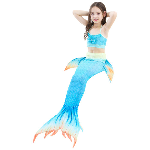 3PCS Kid Girls Omber Blue Mermaid Tail Bikini Swimsuit With Free Garland Color Random
