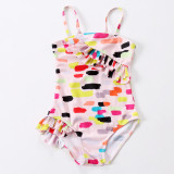 Kid Girl's Colorful Prints Ruffles Pink One Piece Swimsuit