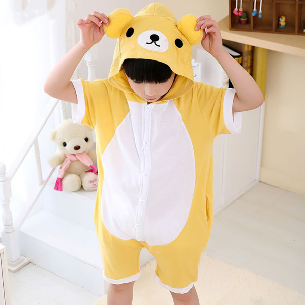 Kids Yellow Bear Summer Short Onesie Kigurumi Pajamas for Unisex Children