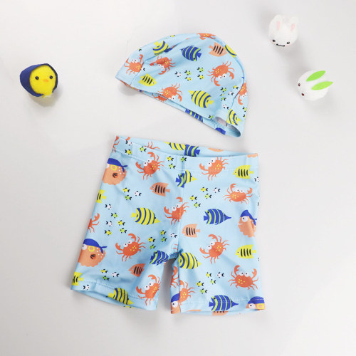 Kid Boys Print Fish Swimwear Trunks Swim Boxer Shorts With Cap