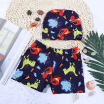 Kid Boys Print Cute Dinosaurs Swimwear Trunks Swim Boxer Shorts With Cap