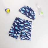 Kid Boys Print Sharks Swimwear Trunks Swim Boxer Shorts With Cap
