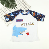 Kid Boys Print Shark Attack Short Top and Trunks Two Pieces With Swim Cap