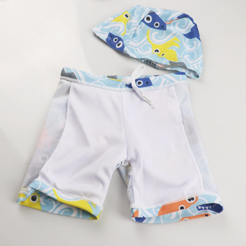 Kid Boys Print Fish Swimwear Trunks Swim Boxer Shorts With Cap