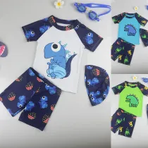 Kid Boys Print Dinosaur Swimwear Sets Short Top and Truck With Swim Cap