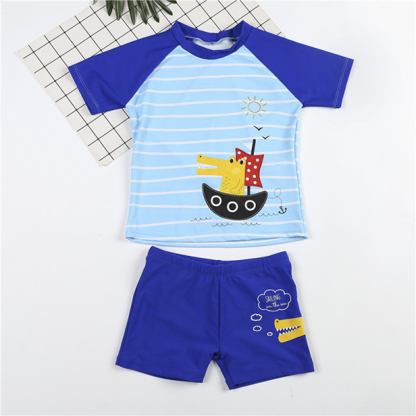 Kid Boys Print Crocodile Short Top and Trunks Two Pieces With Swim Cap