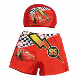 Kid Boys Print Racing Car Swimwear Trunks Swim Boxer Shorts With Cap