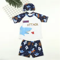Kid Boys Print Shark Attack Short Top and Trunks Two Pieces With Swim Cap