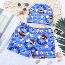 Kid Boys Print Trains Swimwear Trunks Swim Boxer Shorts With Cap