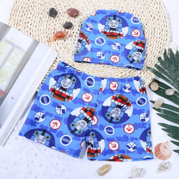 Kid Boys Print Trains Swimwear Trunks Swim Boxer Shorts With Cap