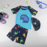 Kid Boys Print Dinosaur Swimwear Sets Short Top and Truck With Swim Cap