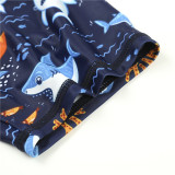 Kid Boys Print Shark Attack Short Top and Trunks Two Pieces With Swim Cap