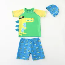 Kid Boys 3D Print Crocodile Short Top and Trunks Two Pieces With Swim Cap