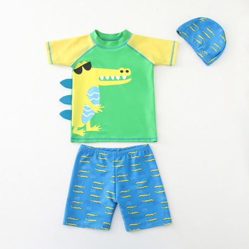 Kid Boys 3D Print Crocodile Short Top and Trunks Two Pieces With Swim Cap