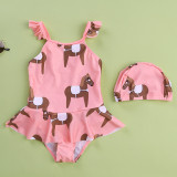 Kid Girls' Pink Ruffles Print Horses One Piece Beach Swimwear With Swimming Cap
