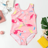 Kid Girls' Pink Print Dinosaurs  One Piece Beach Swimwear