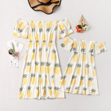 Mommy and Me Off The Shoulder Prints Pineapples Family Matching White Dresses