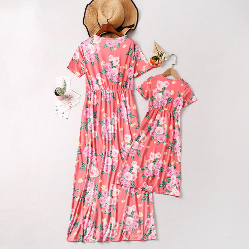 Mommy and Me Pink Flowers Family Matching Maxi Dresses