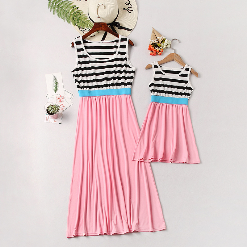 Mommy and Me Black Stripes Family Matching Pink Maxi Dress