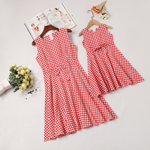Mommy and Me Plaid Bowknot Family Matching Sleeveless Dresses