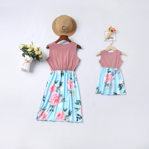 Mommy and Me Pink Flowers Family Matching Sleeveless Dress
