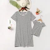 Mommy and Me Black Stripes Family Matching White Casual T-shirt Dress