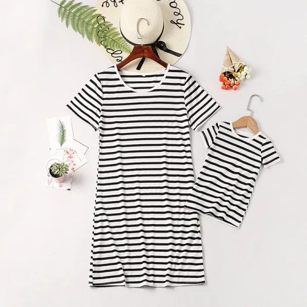 Mommy and Me Black Stripes Family Matching White Casual T-shirt Dress