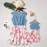 Mommy and Me Blue Denim Flower Family Matching Sleeveless Dresses