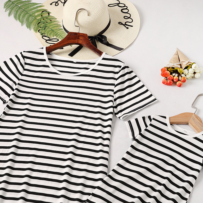 Mommy And Me Black Stripes Family Matching White Casual T Shirt Dress
