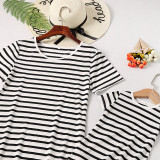 Mommy and Me Black Stripes Family Matching White Casual T-shirt Dress