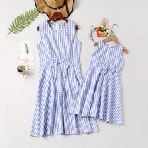 Mommy and Me Plaid Bowknot Family Matching Sleeveless Dresses
