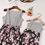 Mommy and Me Black Stripes Family Matching Flowers Sleeveless Dresses